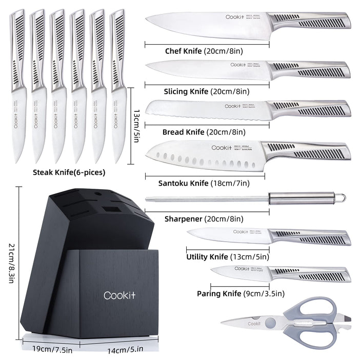 Kitchen Knife Set, 15 Piece Knife Sets with Block, Chef Knives with Non-Slip German Stainless Steel Hollow Handle Cutlery Set with Multifunctional Scissors Knife Sharpener